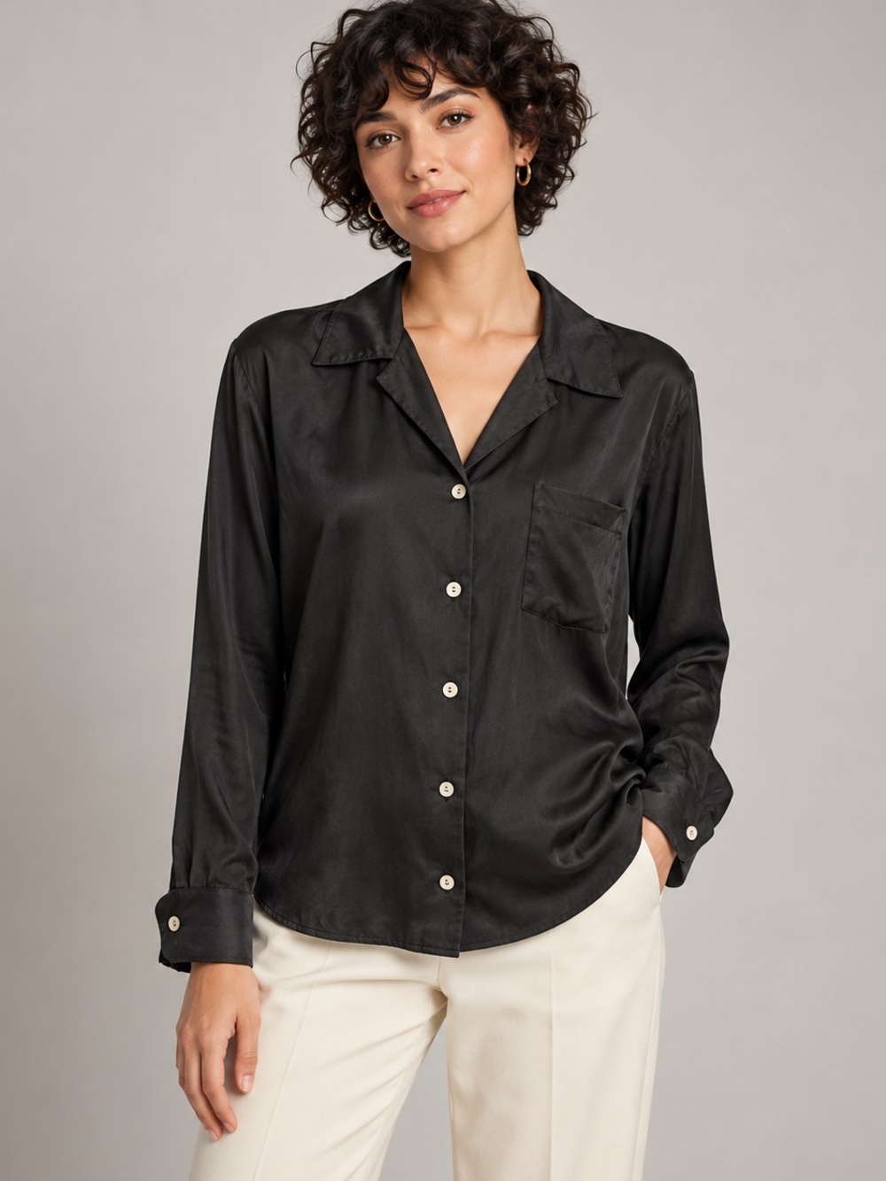 Lord & Taylor 100% Silk Black Button Front Blouse Vintage